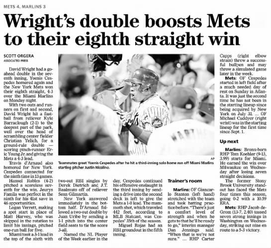 Wright's Double Boosts Mets to Their Eighth Straight Win