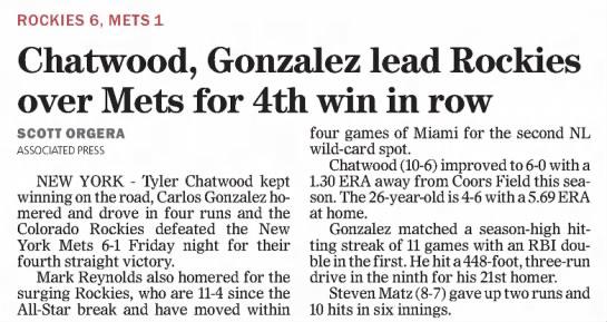 Chatwood, Gonzalez Lead Rockies Over Mets for 4th Win in Row