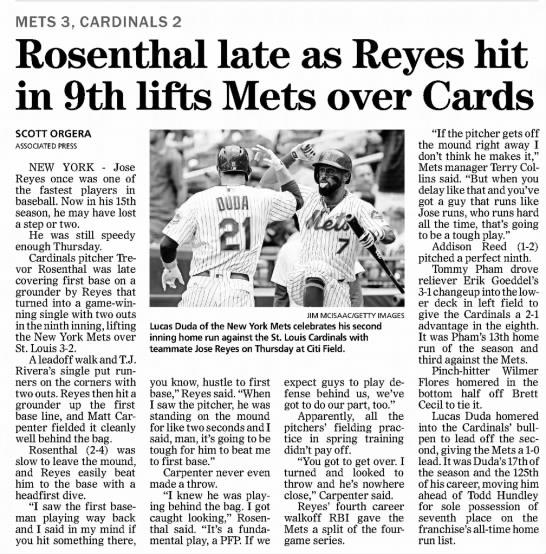 Rosenthal Late as Reyes Hit in 9th Lift Mets Over Cards