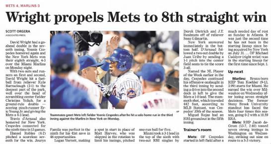 Wright Propels Mets to 8th Straight Win