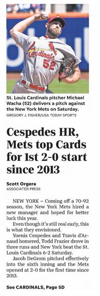 Cespedes HR, Mets Top Cards for First 2-0 Start Since 2013 (1 of 2)