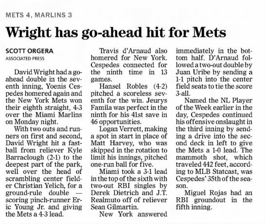 Wright Has Go-Ahead Hit for Mets