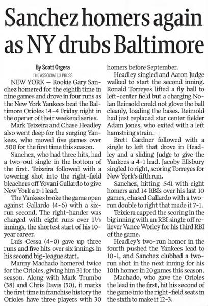 Sanchez Homers Again as NY Drubs Baltimore