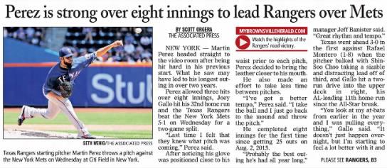 Perez is Strong Over Eight Innings to Lead Rangers Over Mets (1 of 2)