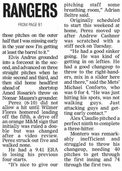 Perez is Strong Over Eight Innings to Lead Rangers Over Mets (2 of 2)