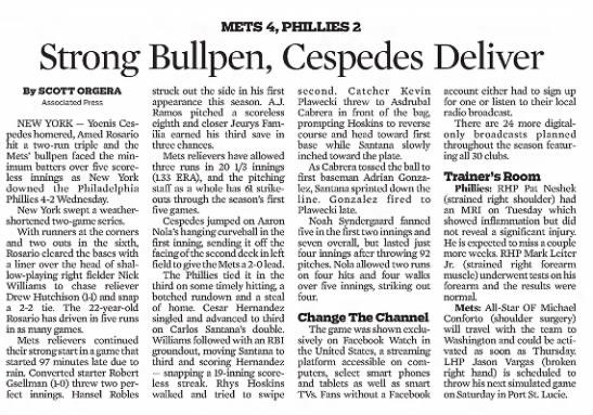 Strong Bullpen, Cespedes Deliver